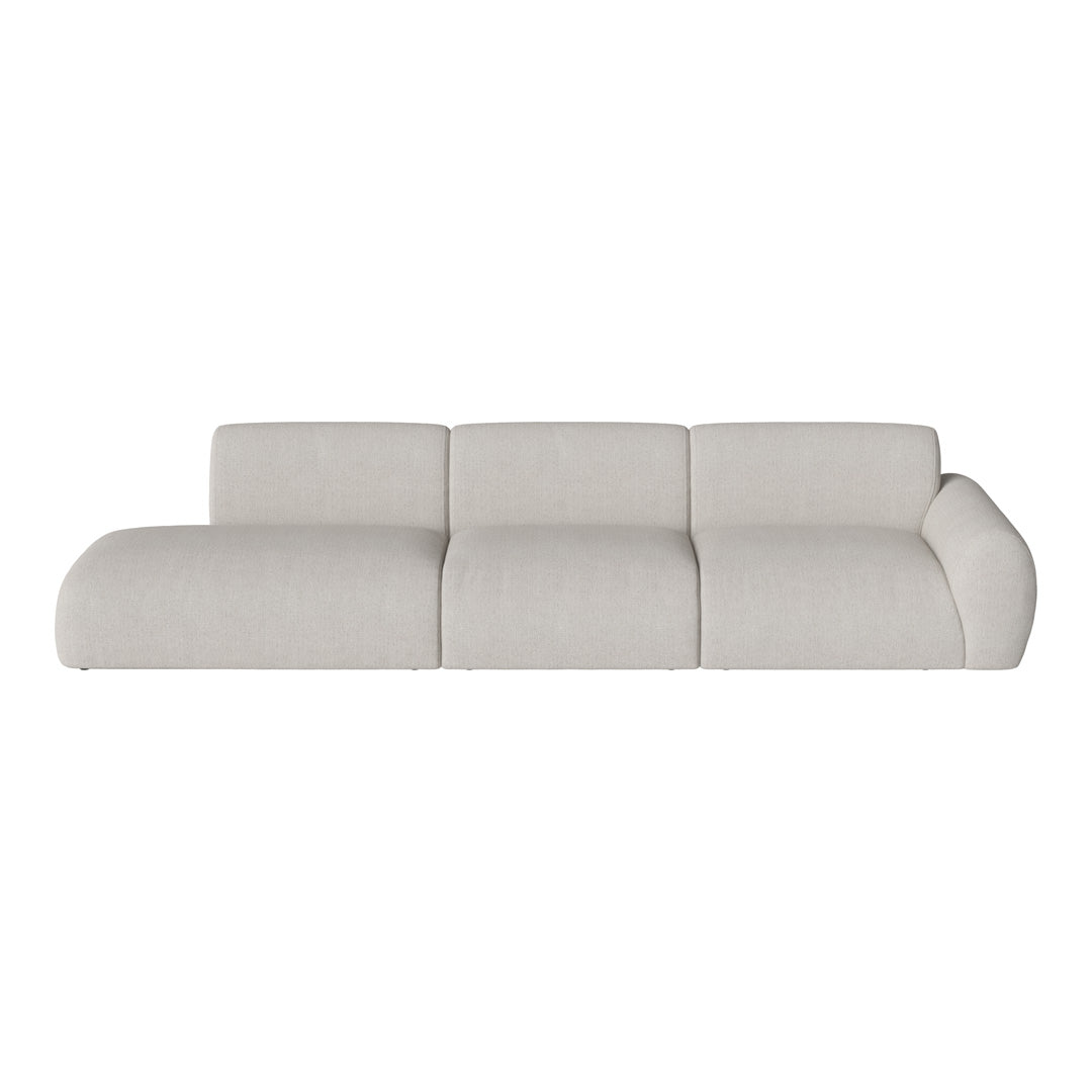 Light gray modern sofa with a sleek, minimalist design, featuring smooth fabric texture and soft, curved edges.