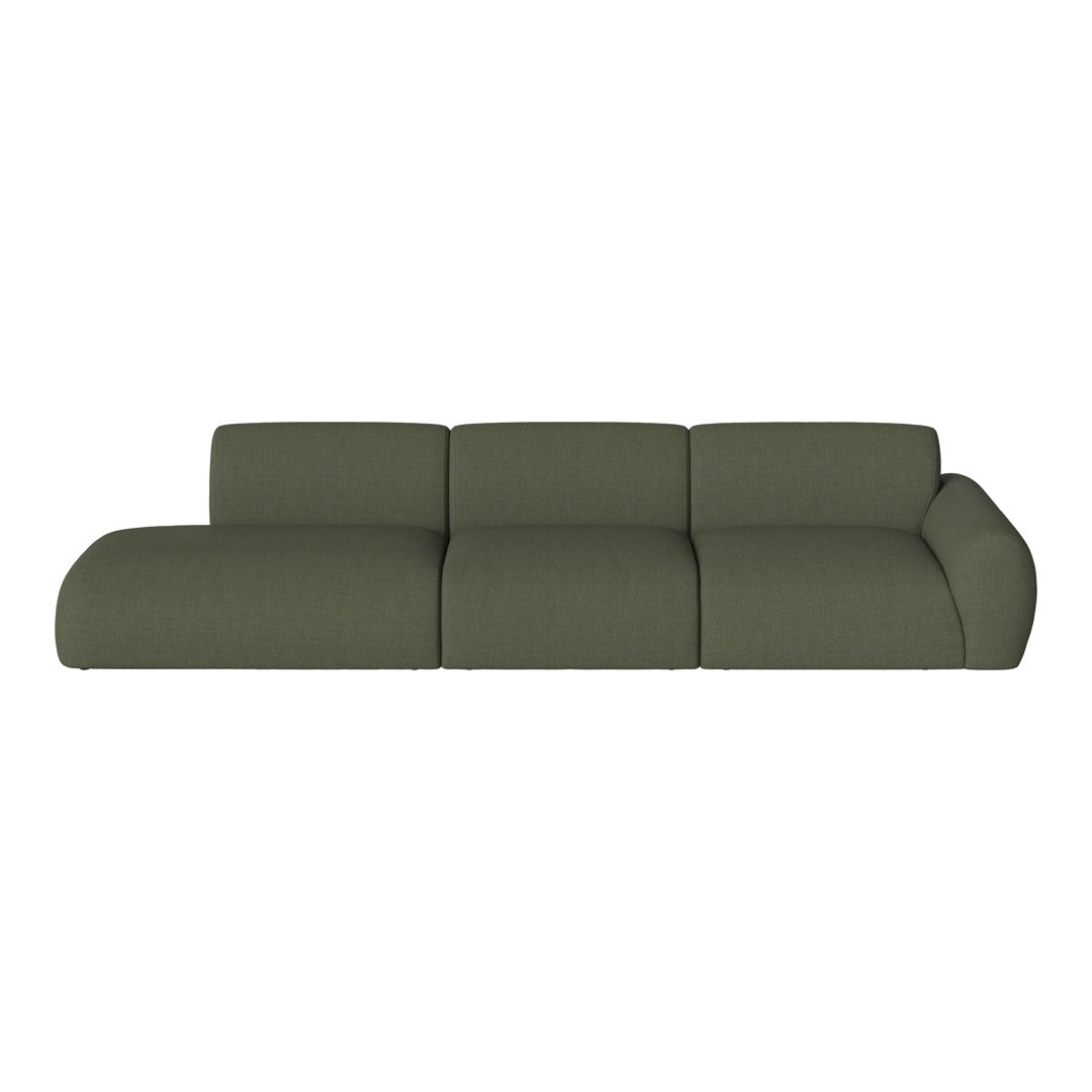 Olive green sofa with a smooth fabric texture and minimalist design, perfect for modern interiors.