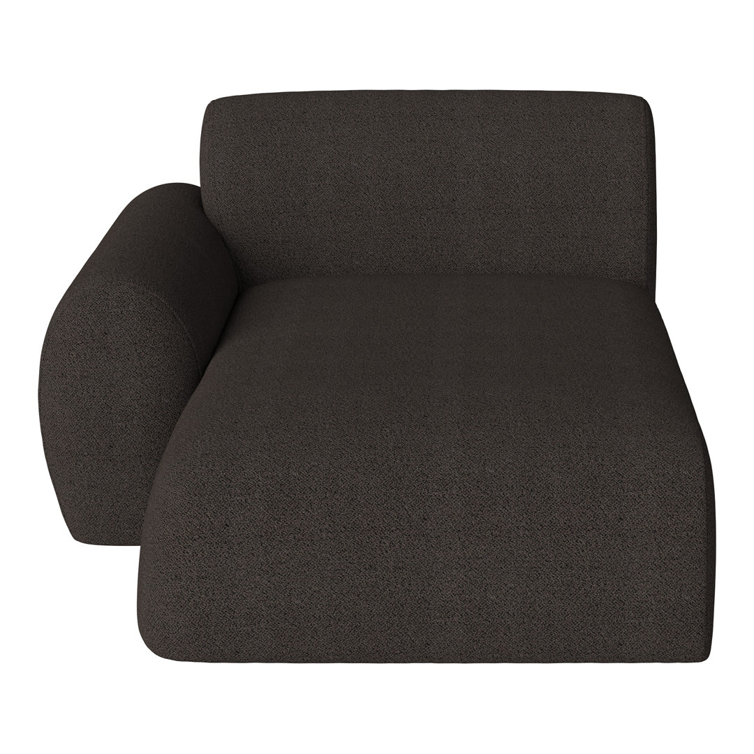 Dark brown textured chaise lounge with a minimalist design and rounded armrest for a modern aesthetic.