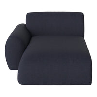 Dark navy blue chaise lounge with a smooth, textured fabric and rounded armrest design for modern interiors.