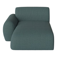 Teal textured fabric chaise lounge with a modern design and rounded armrest. Perfect for contemporary decor.
