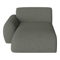 Modern chaise lounge in a textured olive green fabric, featuring a sleek, minimalist design.