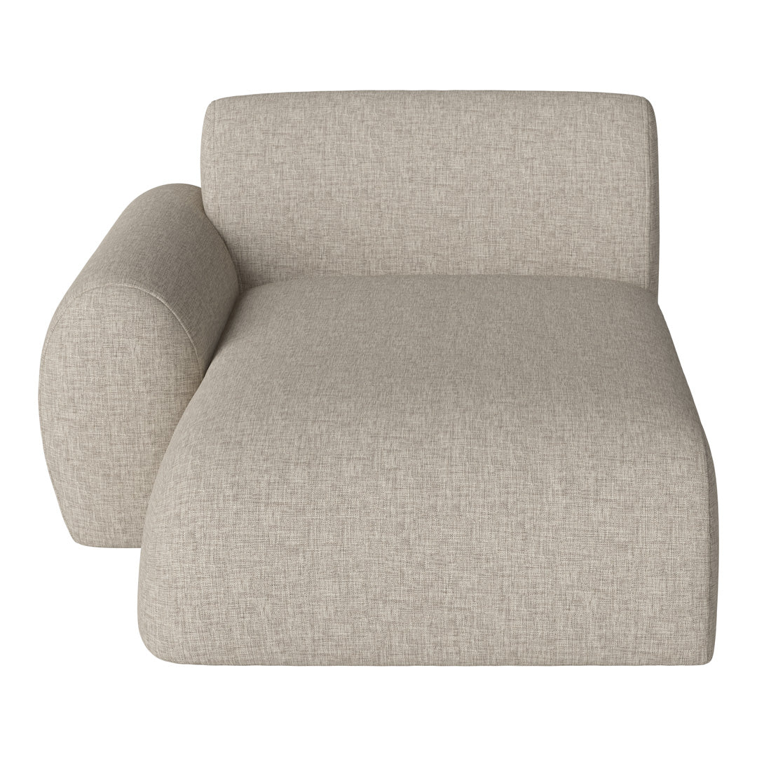 Beige textured fabric chaise lounge with a minimalist design and soft, rounded edges. Ideal for modern interiors.