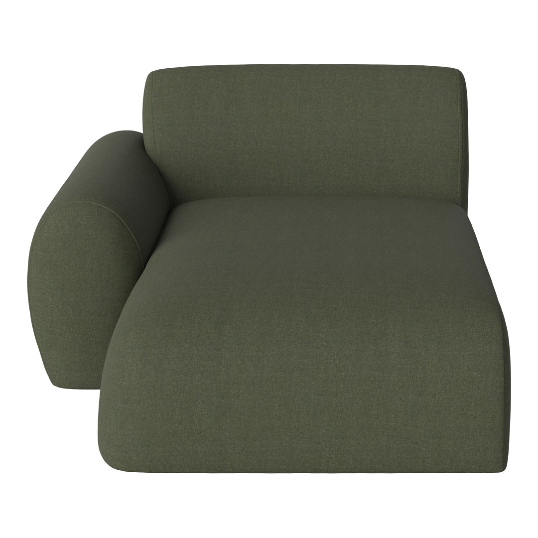 Olive green, textured fabric chaise lounge with smooth curves and minimalist design. Ideal for modern interiors.
