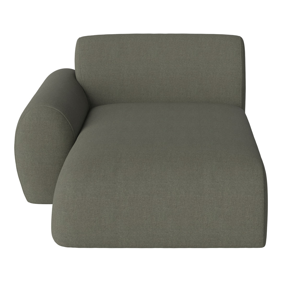 Olive green, textured fabric sectional sofa with a minimalist design and rounded armrest. Perfect for modern decor.