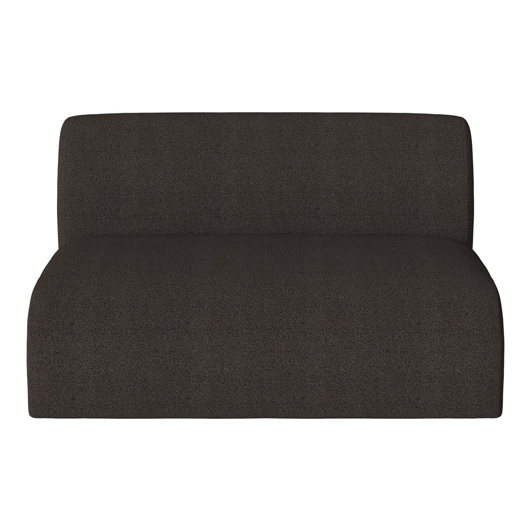 Dark gray upholstered loveseat with a textured surface and smooth, minimalist design. Perfect for modern decor.