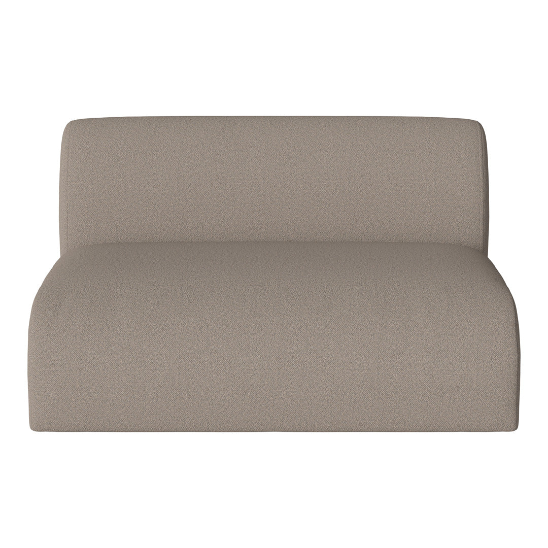 Beige upholstered loveseat with a subtle textured pattern, ideal for modern decor.