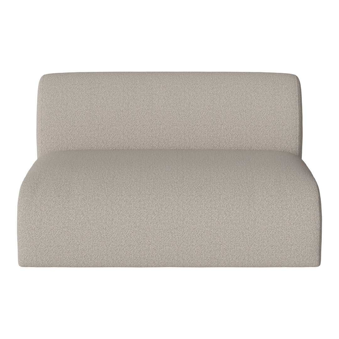 Light beige fabric upholstery with a subtle, textured pattern on a modern lounge chair.