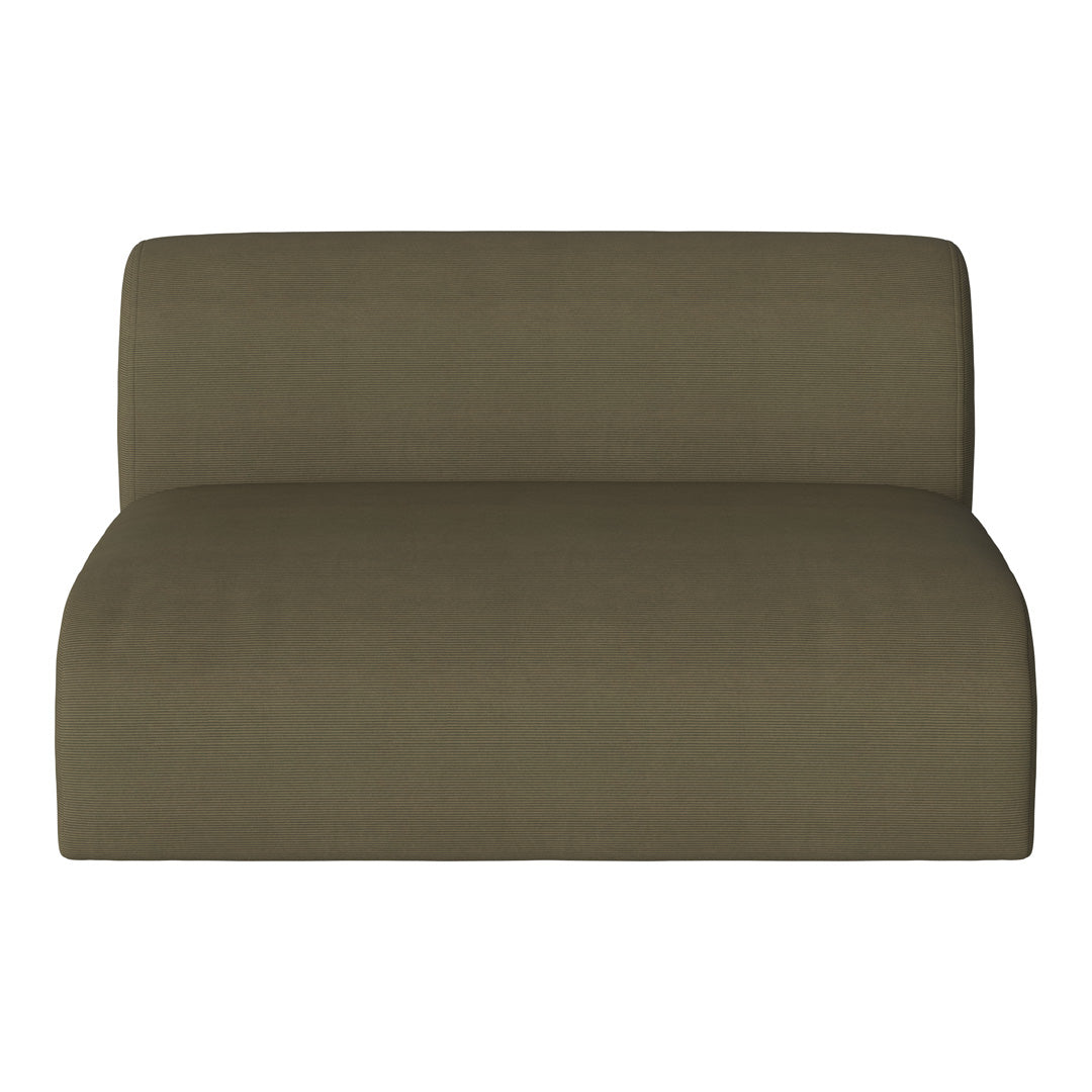 Olive green upholstered loveseat with a smooth, textured fabric and minimalist design. Perfect for modern decor.