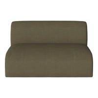 Olive green upholstered loveseat with a smooth, textured fabric and minimalist design. Perfect for modern decor.