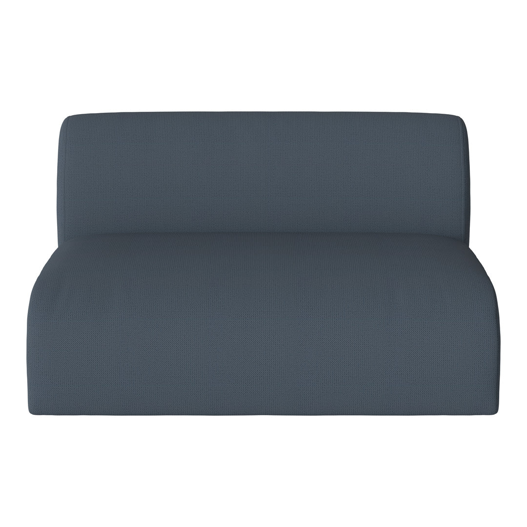 Dark blue upholstered loveseat with a textured fabric pattern for modern decor.