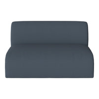 Dark blue upholstered loveseat with a textured fabric pattern for modern decor.