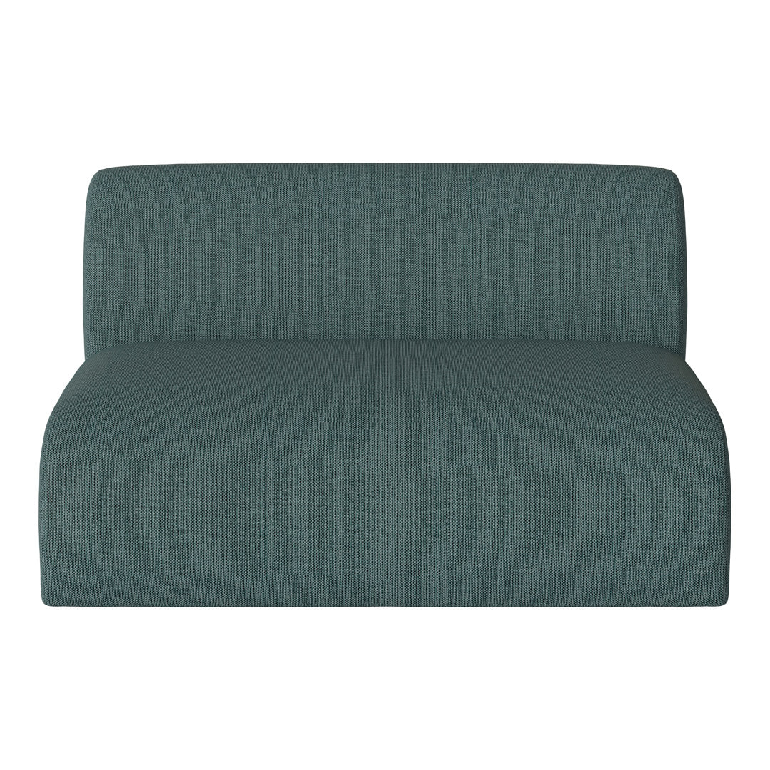 Teal upholstered loveseat with a subtle textured pattern, perfect for modern interior decor.