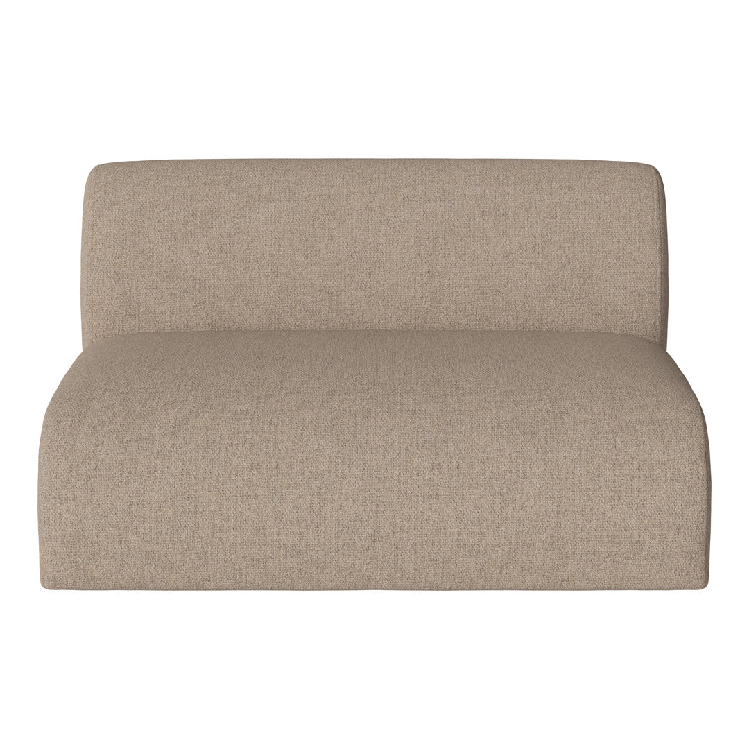 Beige upholstered loveseat with a smooth texture and minimalistic, modern design.