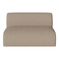Beige upholstered loveseat with a smooth texture and minimalistic, modern design.