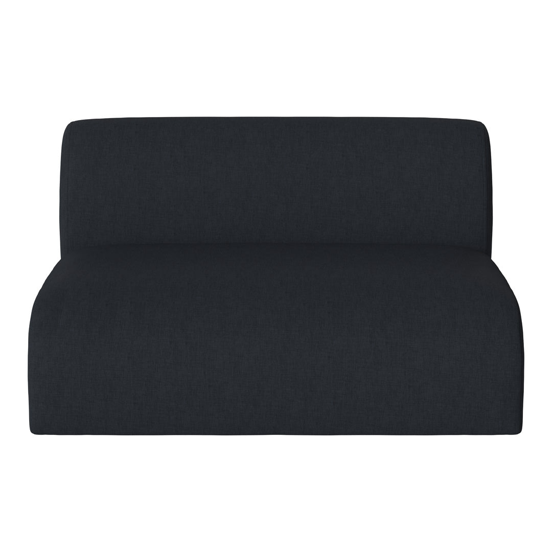Sleek dark gray fabric loveseat with a smooth, minimalist design and subtle texture for modern décor.