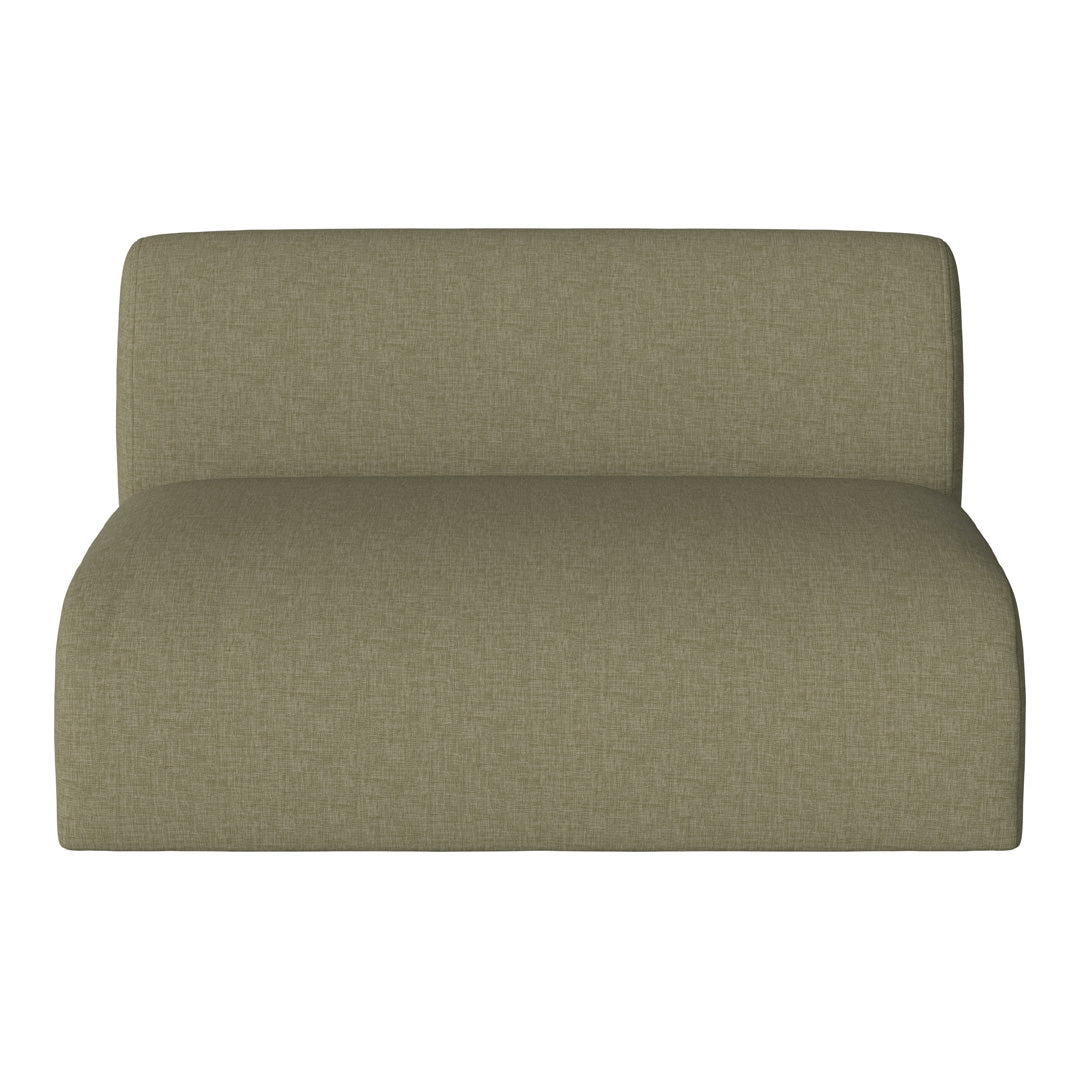 Olive green upholstered loveseat with a subtle textured pattern for a modern and cozy aesthetic.