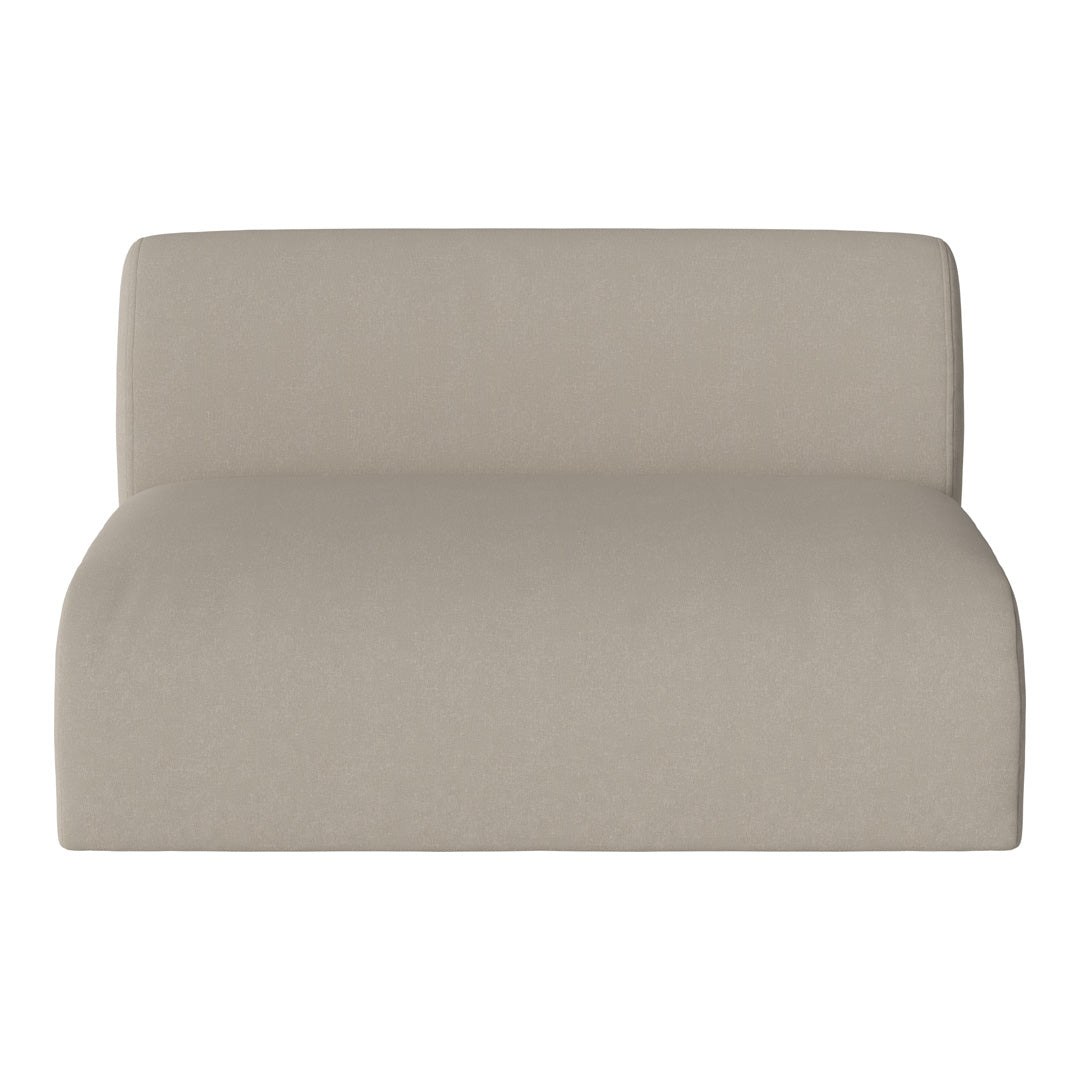 Beige upholstered modern sofa with a smooth, minimalist design and subtle texture, perfect for contemporary interiors.