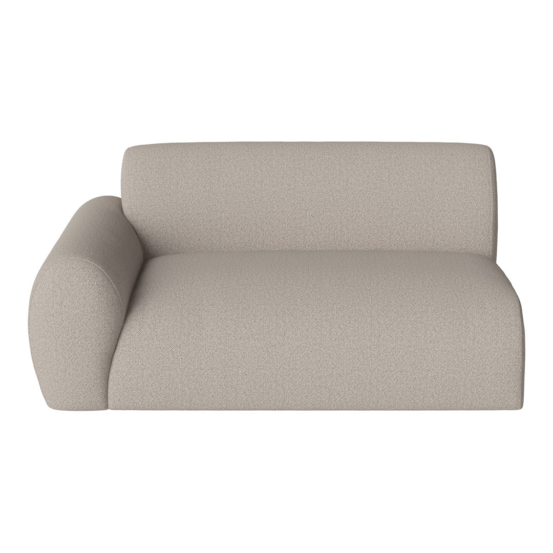 Light beige textured fabric sofa with a minimalist design and rounded armrest. Perfect for modern interiors.