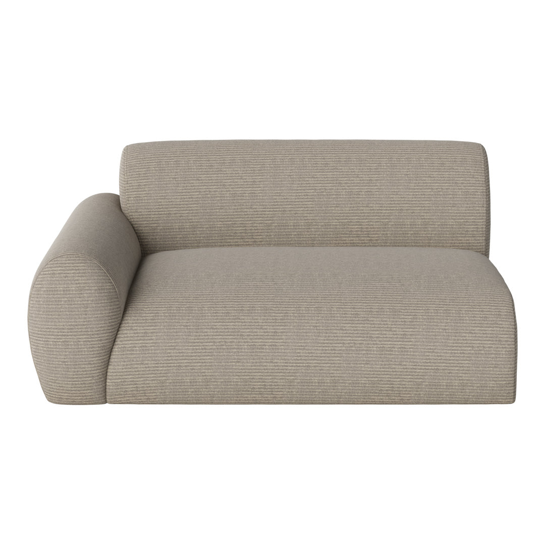 Beige sofa with subtle striped pattern and rounded armrest, perfect for modern interiors.