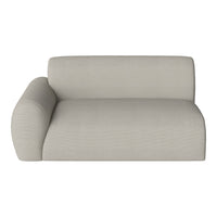 Light gray, textured fabric chaise lounge with a sleek, modern design and rounded armrest.