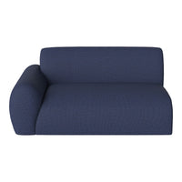 Navy blue textured fabric sofa with a sleek, modern design and rounded armrest for stylish comfort.