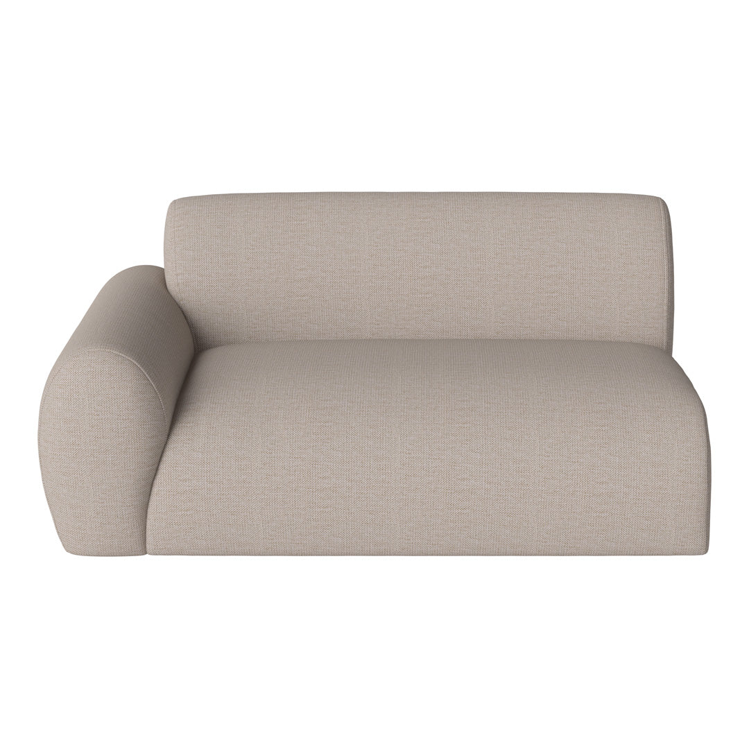 Beige textured fabric sofa with a smooth, minimalist design and rounded armrest for added comfort.