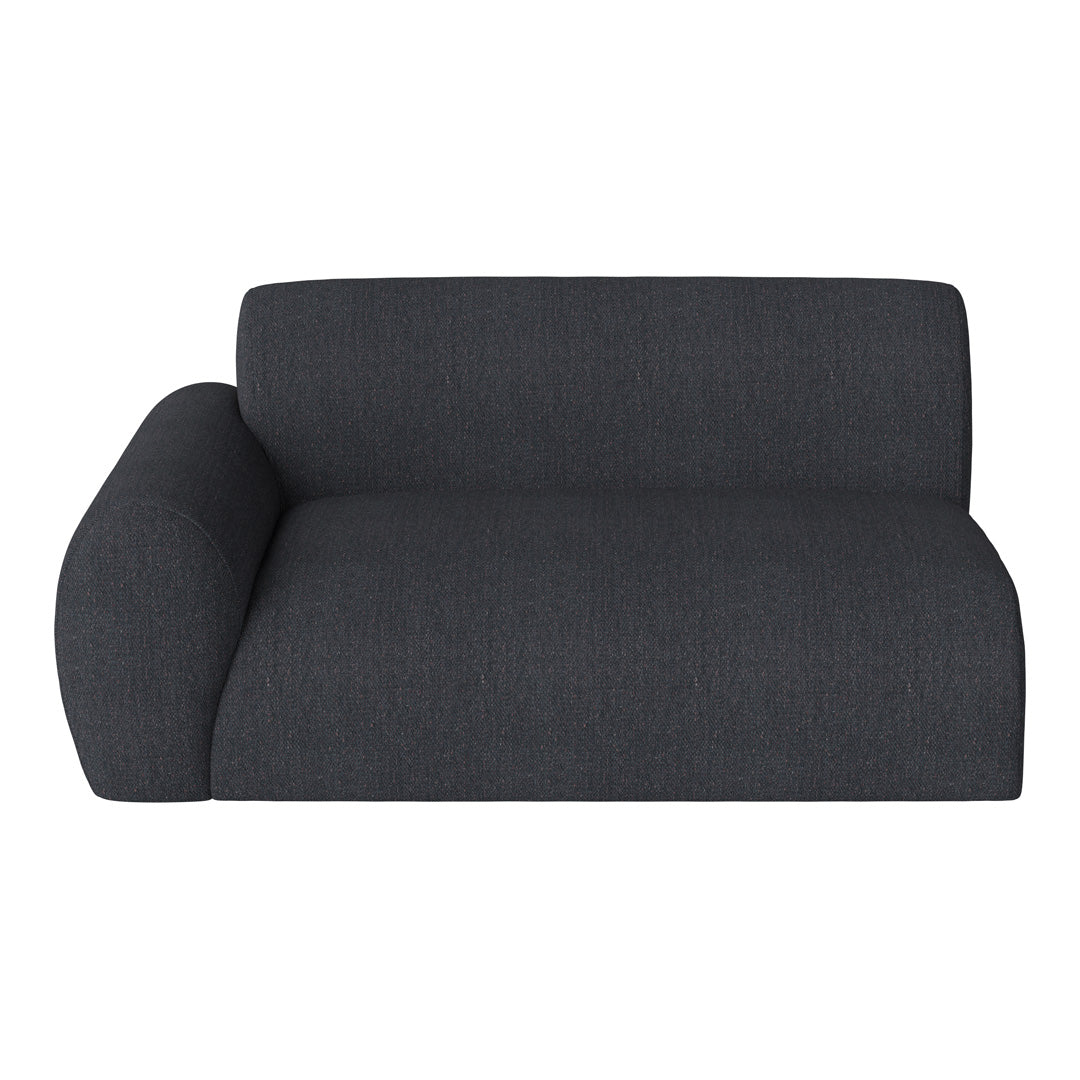 Dark gray fabric sofa with a smooth texture and minimalist design, featuring rounded armrest and modern silhouette.