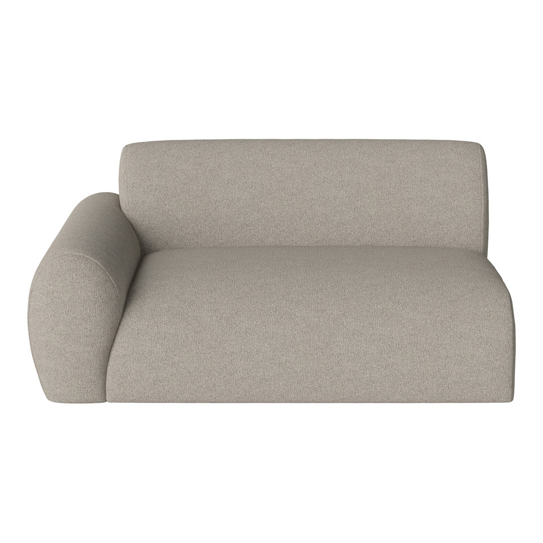 Beige textured sofa with a minimalist design and rounded armrest, perfect for modern interiors.