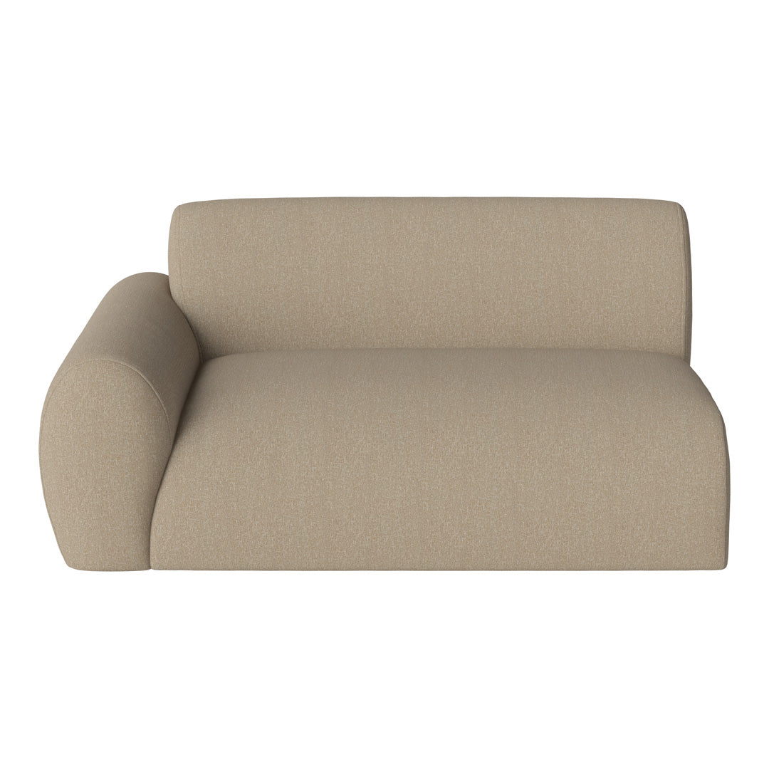 Tan upholstered sofa with a smooth, textured pattern and rounded armrest for a modern, minimalist style.