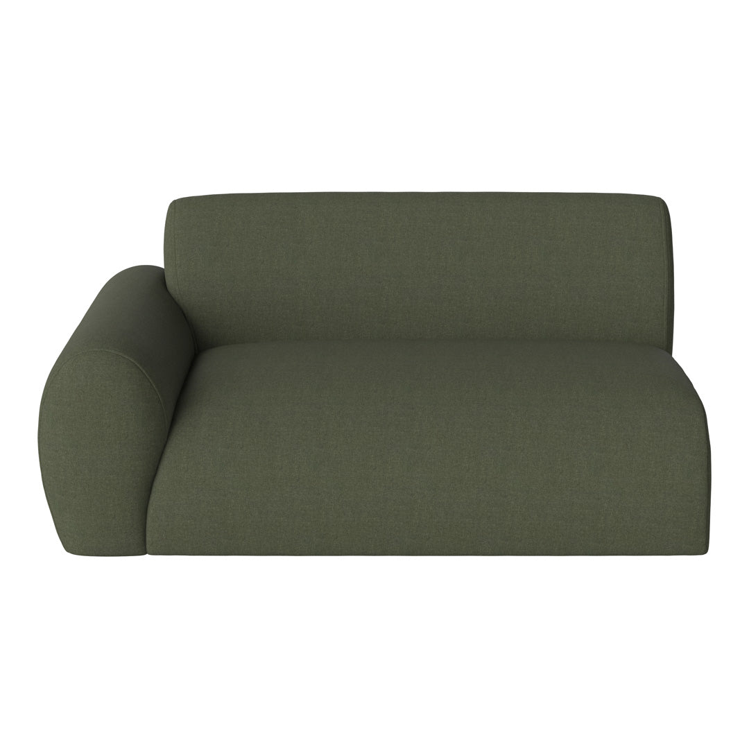 Olive green modern sofa with a sleek design and textured fabric, featuring a curved arm and minimalist style.
