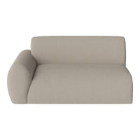 Beige fabric sofa with a minimalist design and smooth, textured surface, featuring a modern, curved armrest.