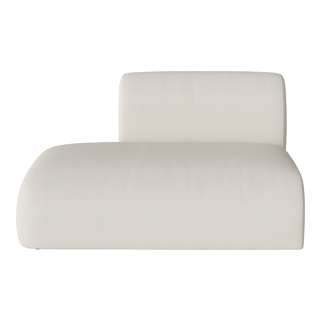 Stylish cream chaise lounge with a smooth fabric finish, featuring minimalist design and neutral color palette.