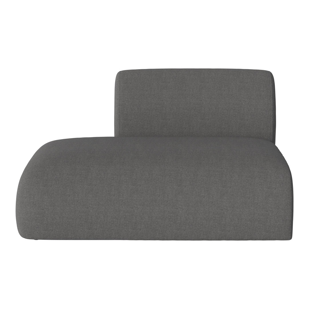 Gray upholstered chaise lounge with a smooth, modern design and subtle fabric texture. Ideal for contemporary decor.