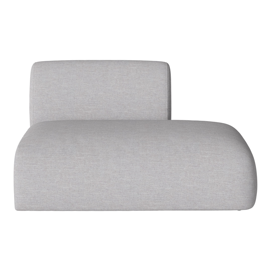 Light gray modern chaise lounge with a soft, textured fabric and smooth, curved design. No patterns.