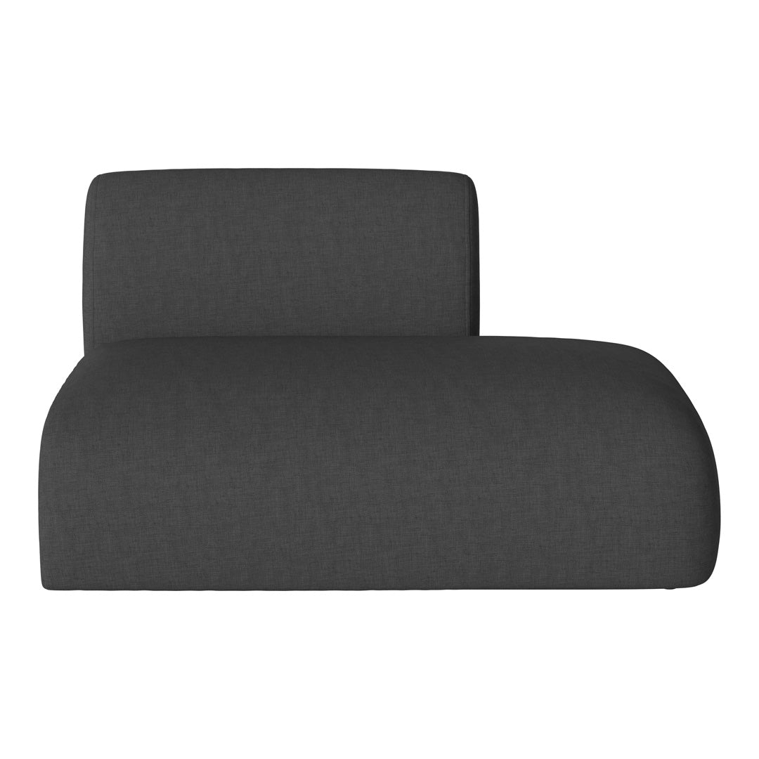 Charcoal gray upholstered chaise lounge with a smooth, textured surface. Modern and stylish design for any decor.
