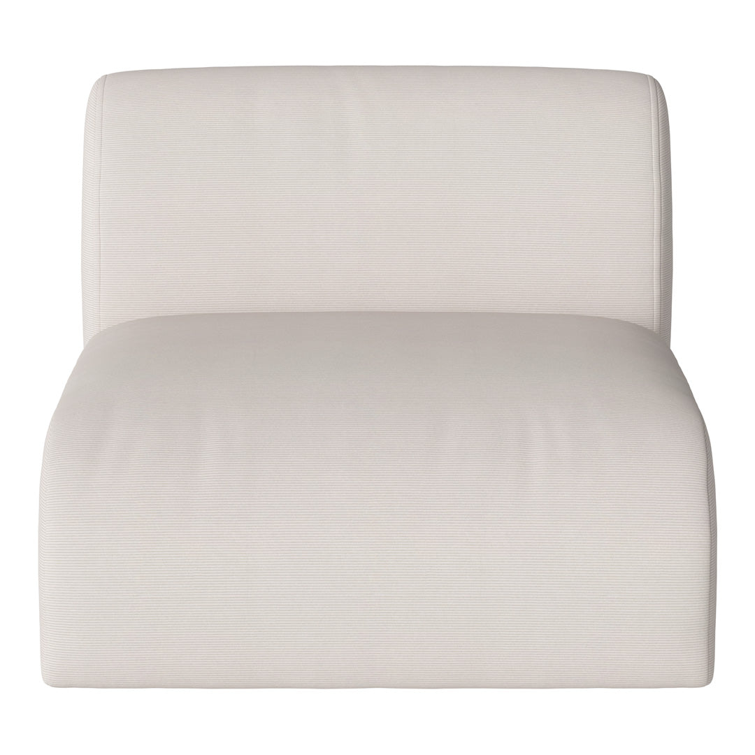 Light beige fabric lounge chair with subtle ribbed texture, perfect for modern decor.