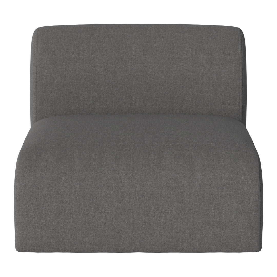 Gray upholstered chair with a minimalist design and soft, textured fabric.
