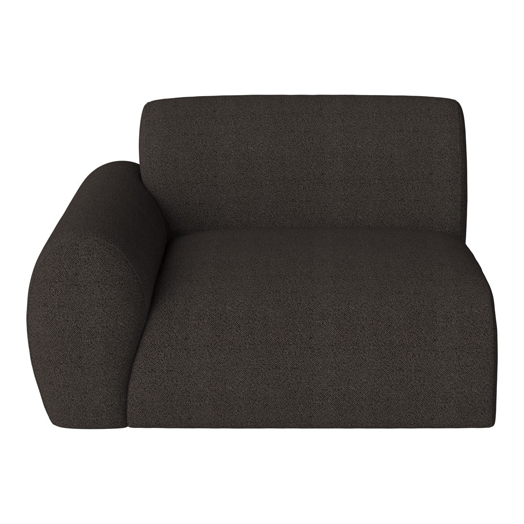 Dark gray textured fabric sofa with a modern design, featuring a curved arm for a stylish touch.