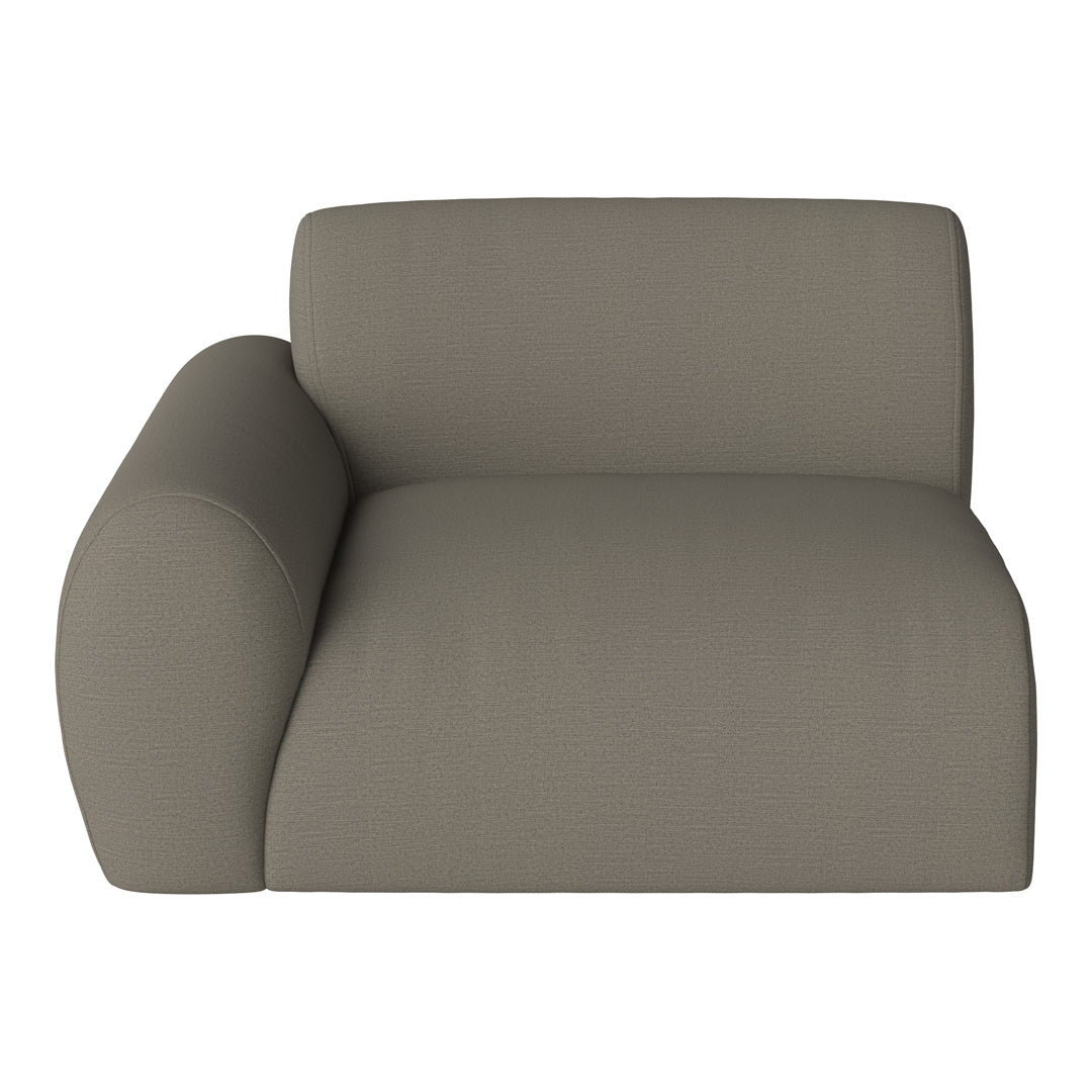 "Modern taupe upholstered loveseat with a smooth texture and minimalist design."