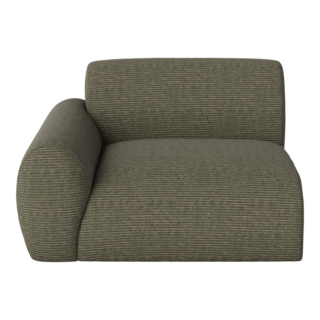 Olive green striped fabric sofa with a modern design and rounded armrest for contemporary interiors.