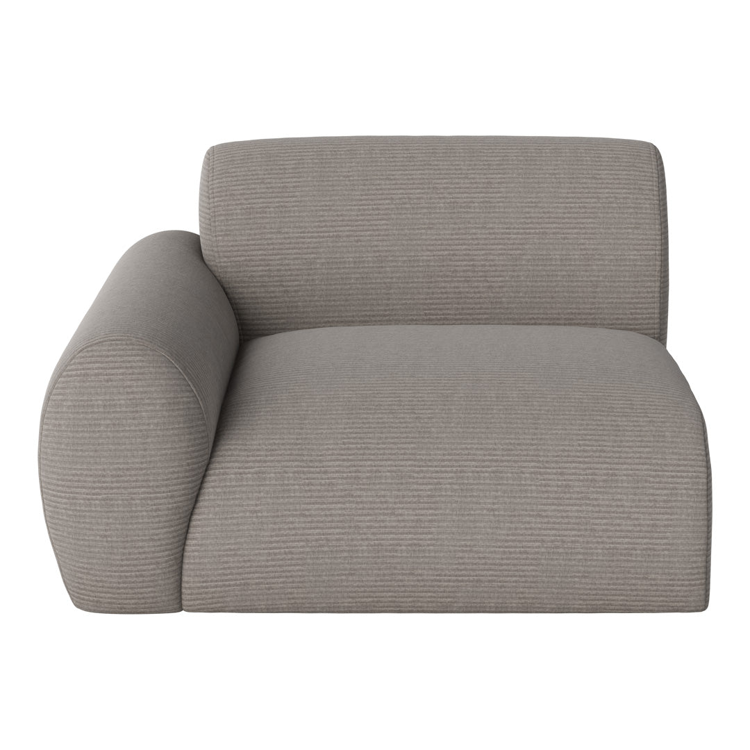 Gray ribbed upholstered chair with a soft, rounded armrest, showcasing a textured fabric pattern.
