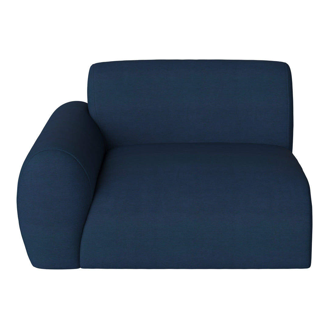 Navy blue textured fabric armchair with sleek, modern lines and a minimalist design. Perfect for contemporary decor.