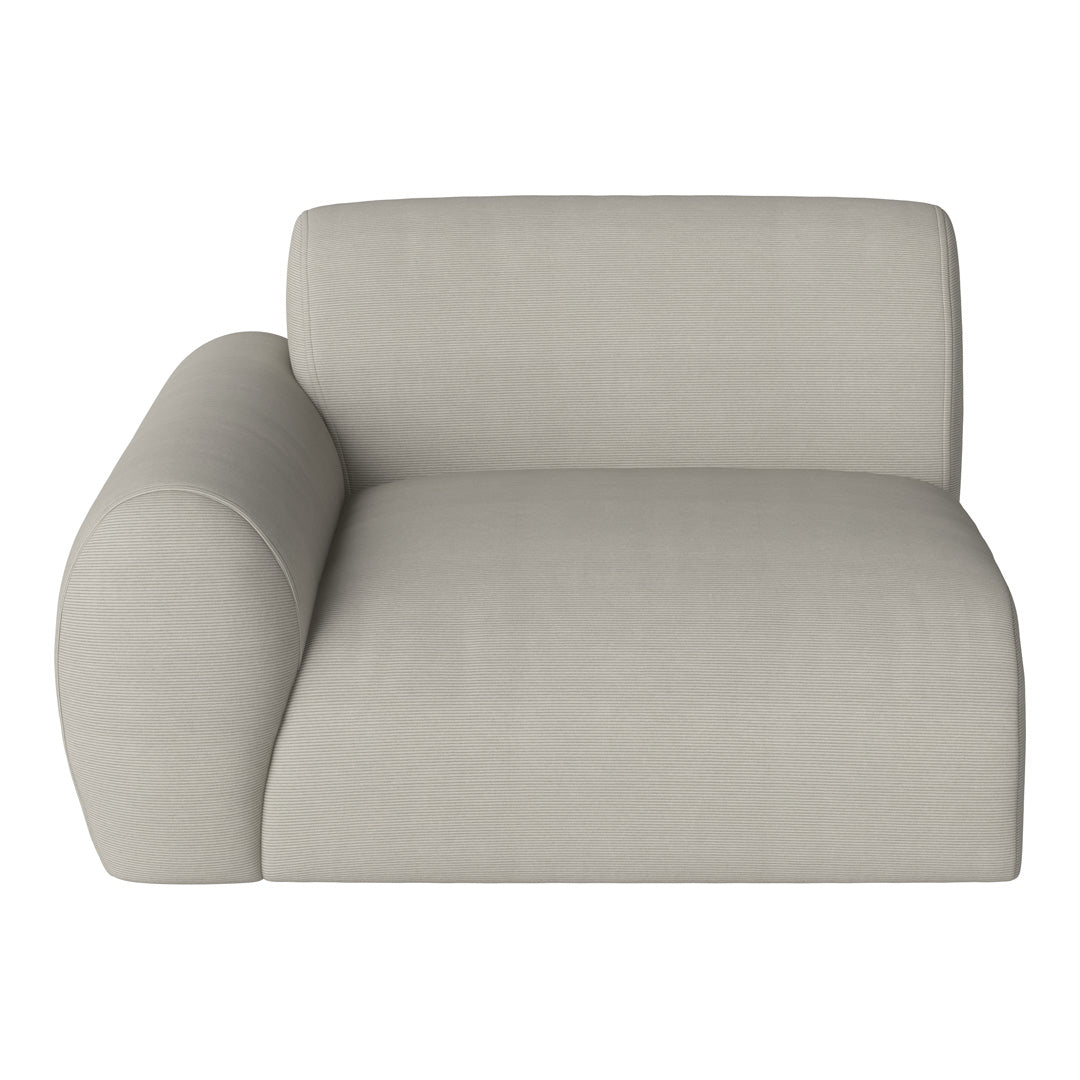 Light beige sofa with a smooth, textured fabric and rounded armrest for a modern, minimalist look.