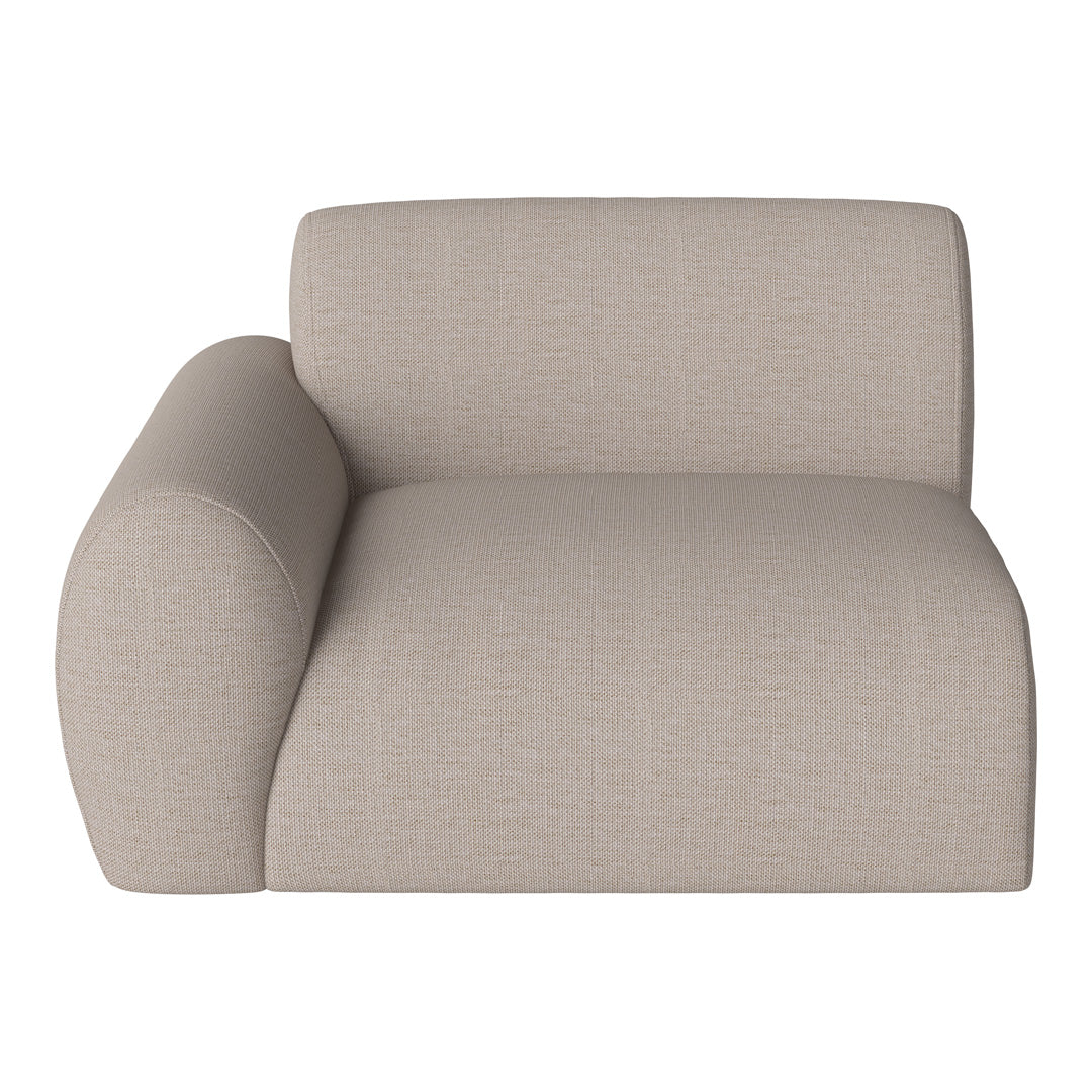 Beige upholstered modular sofa with a textured pattern, featuring a rounded armrest for a contemporary look.