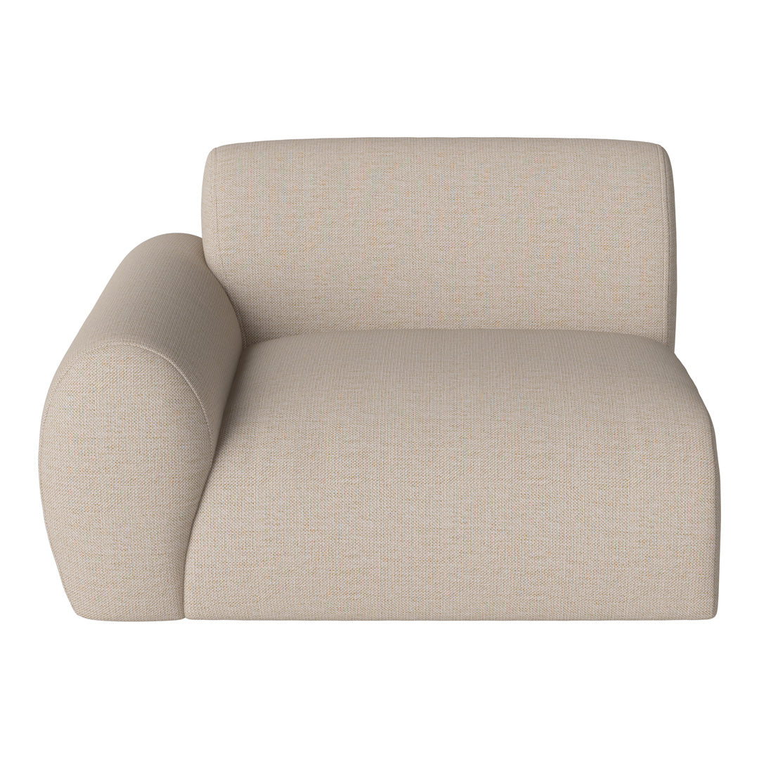 Beige modular sofa with a textured fabric, featuring a smooth, modern design and rounded armrest.