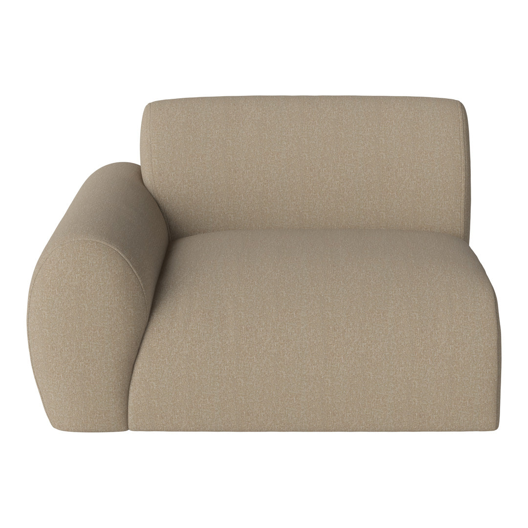 Beige textured upholstery with a modern, minimalist design, featuring soft curves and a single armrest.