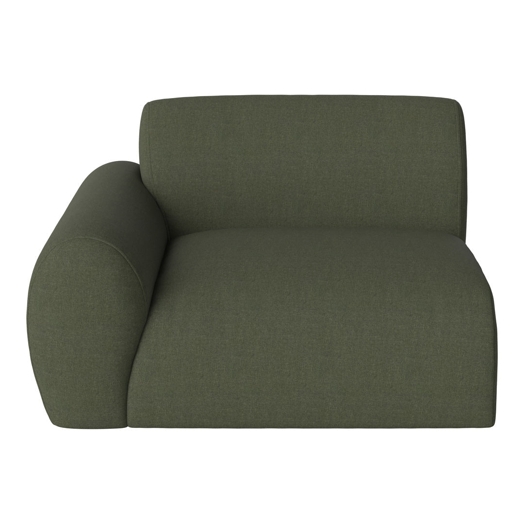 Olive green upholstered chaise lounge with a simple, modern design and soft, rounded edges.