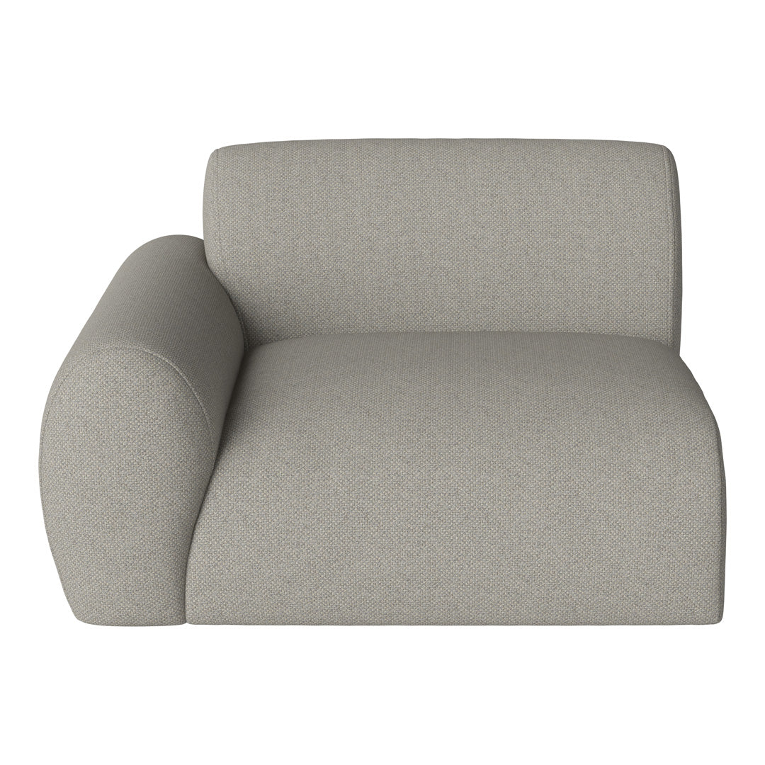 Light gray upholstered sofa section with a textured pattern and smooth, rounded armrest design.