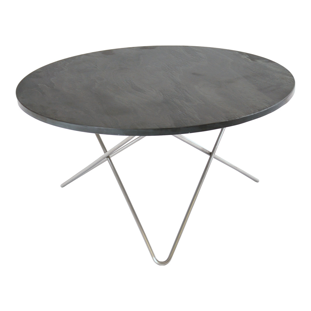 Round black tabletop with a smooth finish and sleek, silver metal tripod legs. Modern and minimalistic design.